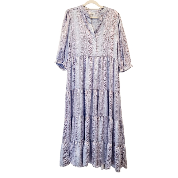 KARLIE Icy Blue And Brown Dot Print Satin Oversized Tiered Maxi Dress - Picture 4 of 12